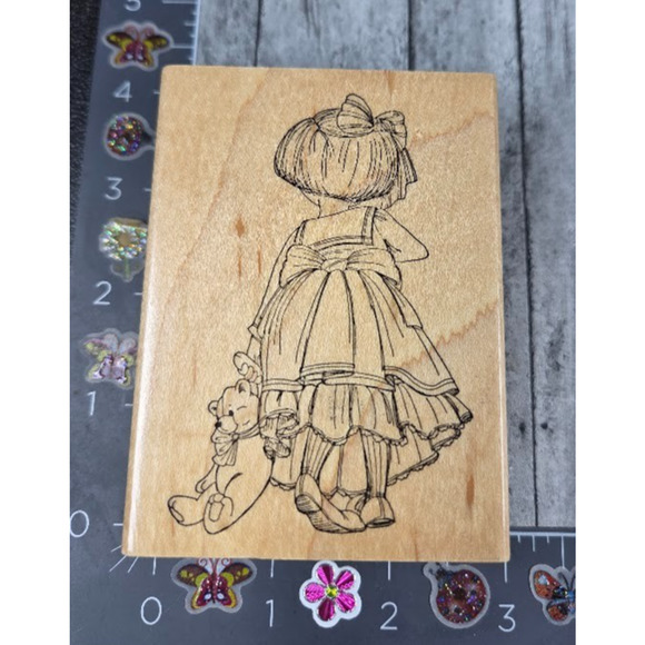Art Impressions‎ Girl Dress Teddy Bear  T1518 Back Rubber Stamp Wood #P42 - Picture 1 of 3